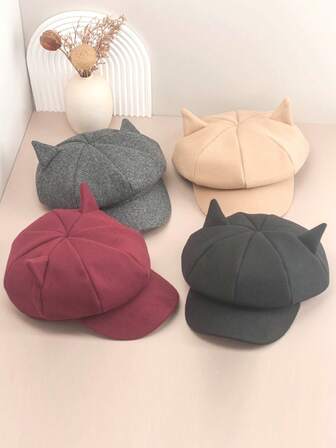 1 st. bedårande åttkantig hatt med kattöron och nät för kvinnor, brittisk baskermössa i vintagestil för ull, tidningsboymössa, konstnärshatt