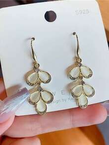 1 Cặp Hoa tai hình lá đính đá mắt mèo và đá Rhinestone, Thích hợp để đeo hàng ngày - vàng - Xem 3