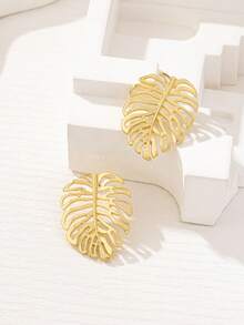 1 Pasang Anting Tusuk Daun Berongga Minimalis yang Modis, Elegan, dan Dapat Dipersonalisasi - Yellow Gold - View 4