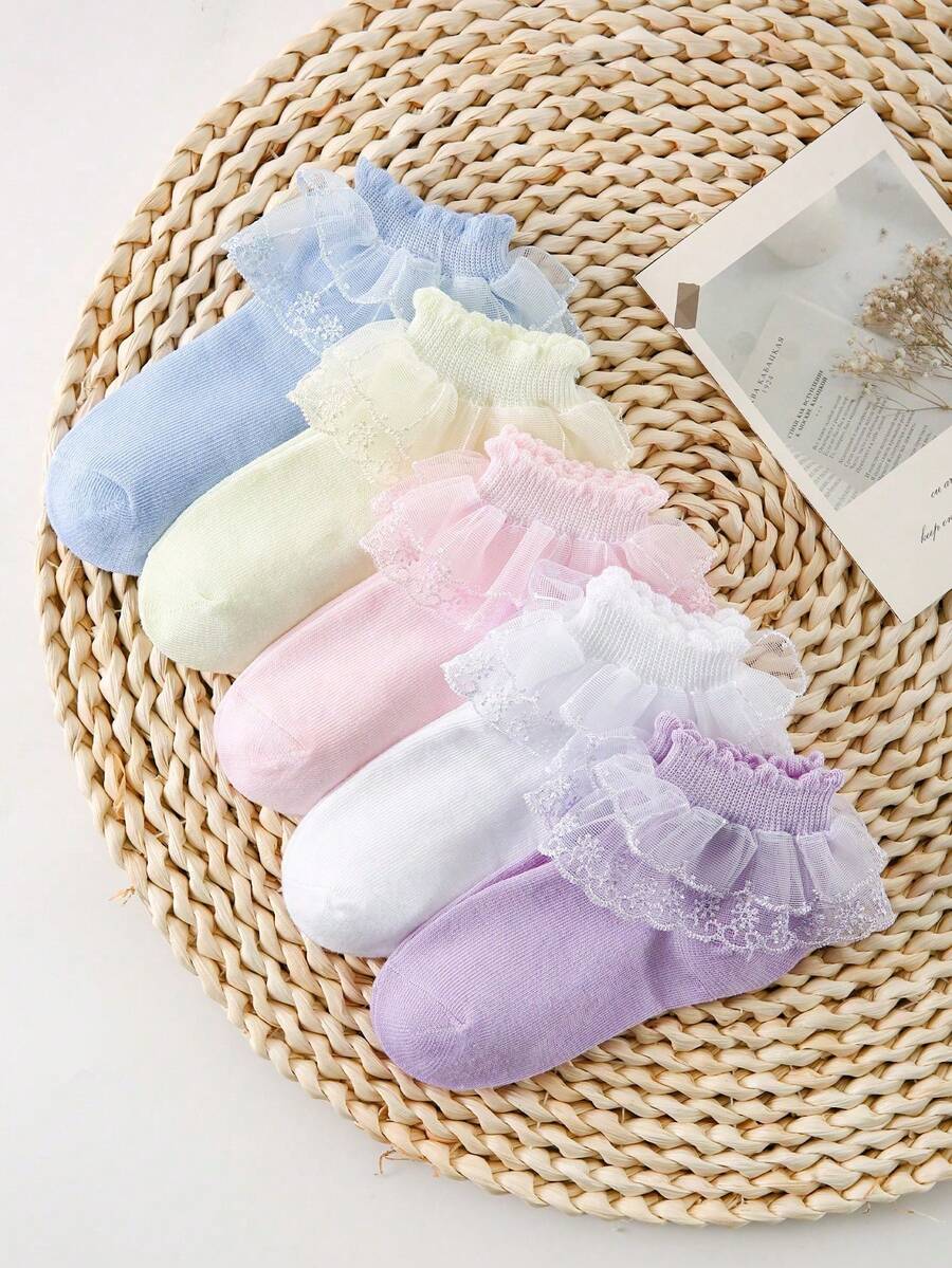 5双春夏女童/幼儿女童袜,甜美可爱公主风蕾丝荷叶边袜,亲肤柔软舒适,时尚蕾丝边袜,适合日常穿着、搭配公主裙、送礼、返校、婚礼等场合。 - 彩色 - 查看 1