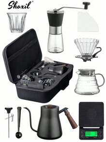 shoxil طقم القهوة V60، طقم قهوة بنظام الصب، طقم قهوة قطارة V60 مع علبة حمل محمولة، إبريق قهوة سعة 850 مل مع ميزان حرارة، إناء قهوة قطارة، فلاتر، ميزان قهوة، كوب مزدوج الجدار، مطحنة قهوة يدوية