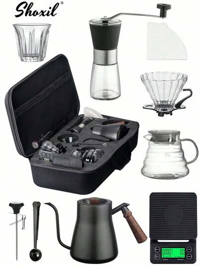 shoxil 咖啡套装、手冲咖啡套装、带便携包的滴滤咖啡套装、带温度计的850毫升大容量咖啡壶、滴滤咖啡壶、滤纸、咖啡秤、双层杯、手动咖啡研磨机