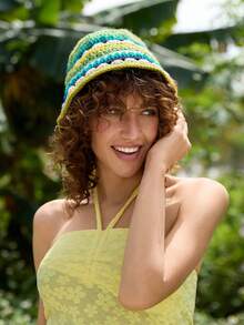 Tropiscape Boho 1pc Women's Color Block Striped Knitted Beanie Hat, Casual And Versatile, Face Flattering, Fisherman Style,For Autumn And Winter Beach Autumn Winter Gifts - Green - View 2