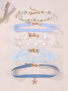 Set de 5 collares gargantilla con flores y encaje de colores, accesorios de uso diario para niñas