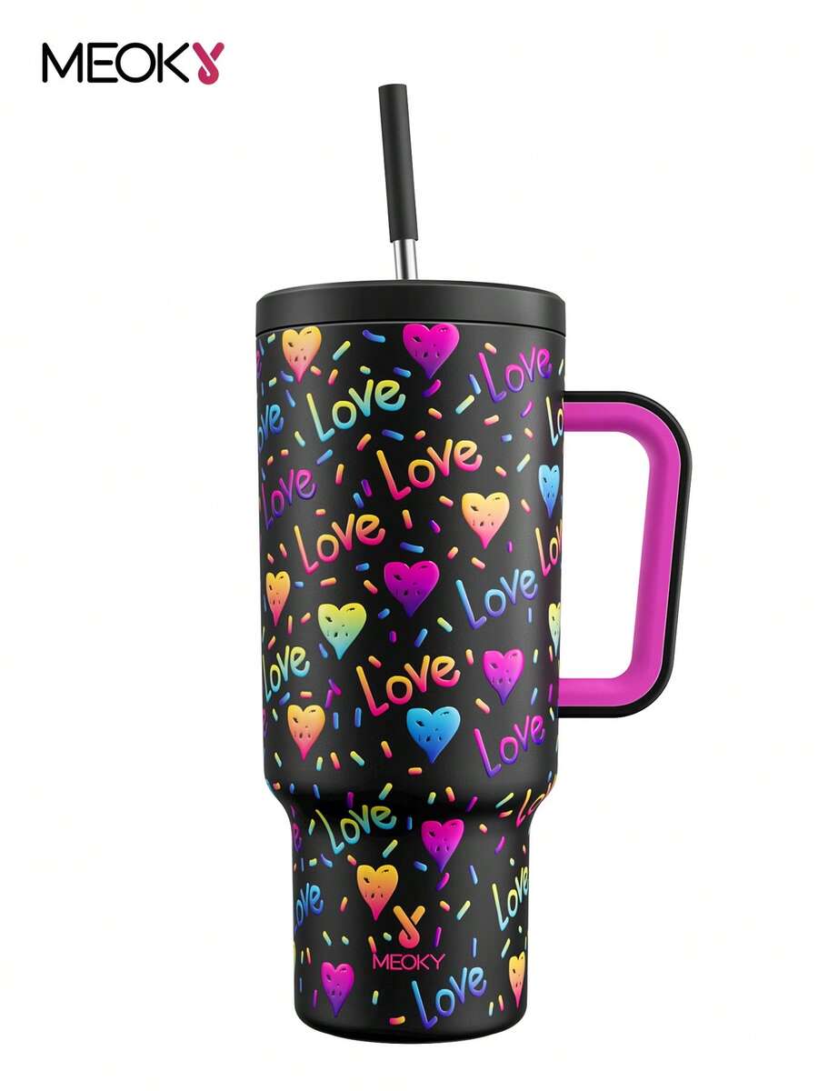 40 盎司带手柄的玻璃杯、保温杯、真空保温水瓶、防漏盖和吸管、保温咖啡杯不锈钢旅行杯，保冷 34 小时或保温 10 小时，便携，适合户外露营、徒步旅行、驾驶和汽车旅行 - 黑色 - 查看 1