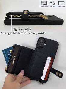 1pc Shoulder Strap Zipper Card Holder Phone Case, Solid Color Series Faux Leather, Women Large Capacity Wallet, Coin Pouch, Protective Case Compatible With IPhone 16/15/14Pro/13/12/11Pro Max, Anti-Drop & Wear-Resistant