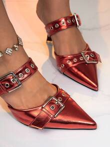 Tacones altos de punta afilada con acabado brillante, zapatos de mujer de color fucsia sexy con decoración de hebilla doble, estilo slip-on, tacón delgado de 8 cm, adecuado para primavera, verano y otoño - Rosa Fucsia - Ver 2