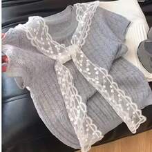 2 Pieces Lace Cape Short Sleeve Form-Fitted Collegiate Style Casual Wear Set, For Summer - Grey - View 3