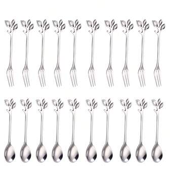4/12/20Pcs Leaf Shaped Stainless Steel Dessert Spoons And Forks Set, Creative Tableware For Home, Restaurant, Cafe,School Supplies