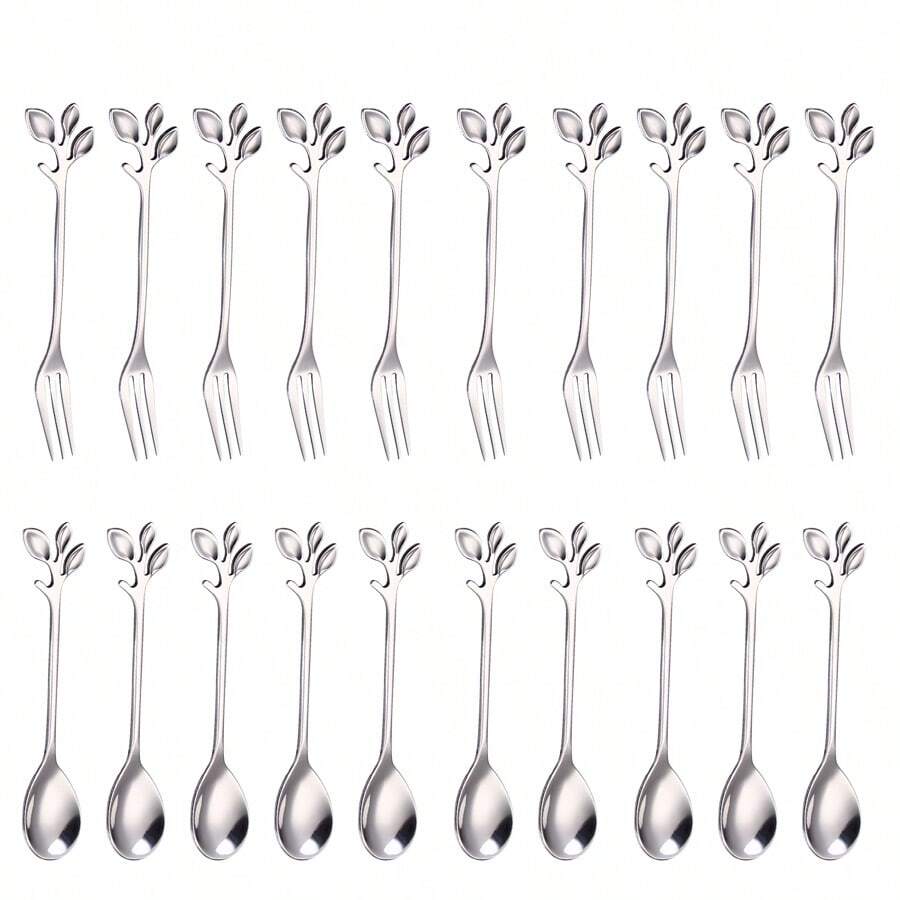 4/12/20 Stück Besteck-Set aus Blatt-förmigen Edelstahl Dessertlöffeln und -Gabeln, kreatives Geschirr für Zuhause, Restaurant, Café, Schulbedarf
