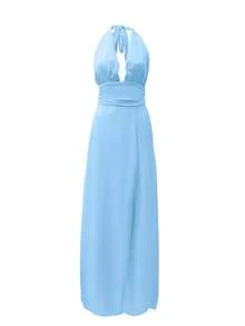 Women's Elegant Solid Color Lace Up Sexy Backless Slit Halter Dress