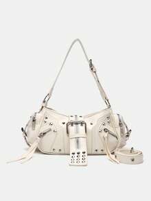 New Spring/Summer Motorcycle Bag, Y2K Girl Large Capacity Multi-Function Handbag, Rivet Shoulder Bag, Crossbody Bag, Underarm Bag With Unique Design, Fashionable Niche Deep Beige, New Ladies Handbag - Beige - View 2