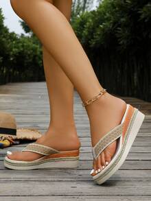 Women's Contrast Color Webbing Toe Strap Thick Sole Summer Beach Vacation Casual Wear Comfortable Versatile Half-Sling Sandals - Beige - View 4
