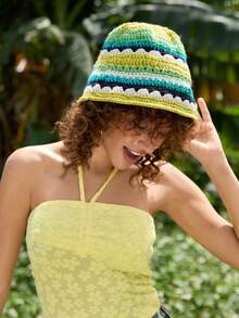 Tropiscape Boho 1pc Women's Color Block Striped Knitted Beanie Hat, Casual And Versatile, Face Flattering, Fisherman Style,For Autumn And Winter Beach Autumn Winter Gifts - Green - View 1