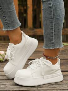 2025 New Women's White Thick Sole Lace-Up Casual Shoes, Breathable Non-Slip Platform Sneakers, Sweet Daily Sports Shoes, Comfortable Adjustable Shoelace Design