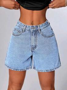 Women's High Waist Versatile Denim Shorts, Vintage Wash, Loose Fit, Knee Length Casual Retro Style Jeans Shorts, Summer Fashion