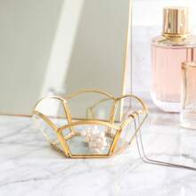 2 Pack Brass And Glass Gold 4.4 Tabletop Trinket Tray With Drative Petals