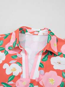 Acelitt Summer Multicolored Plant Flower Print Contrasting Lapel Short Sleeved Dress For Vacation And Leisure - Multicolor - View 6