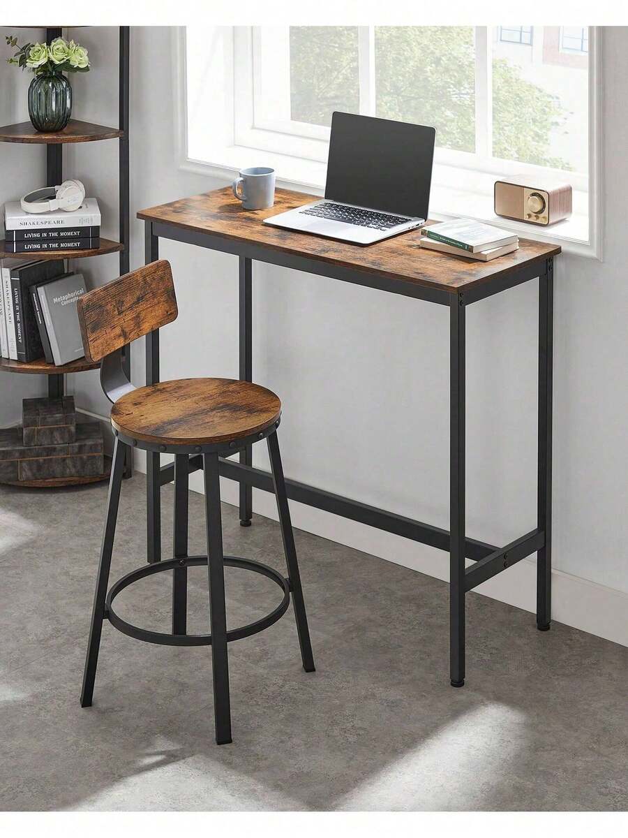 Bar Stools Kitchen Stools Set Of 2 High Back Bar Stools Steel Frame 62.5cm High Seat Easy Assembly Industrial Rustic Brown And Black - Brown - View 1