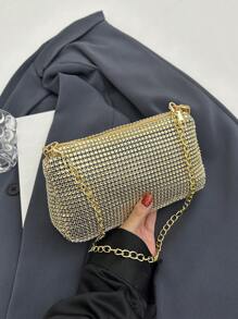 Bolsa de ombro com alça de corrente decorada com strass, bolsa clutch de noite com zíper, bolsa de axila de alta qualidade