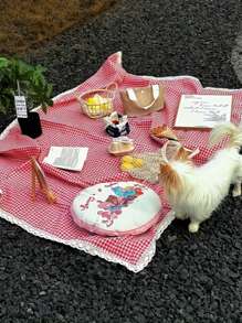 1 pieza Manta de picnic tejida a cuadros rosados, estilo granja americana con encaje, gruesa y de uso múltiple para campamento, playa, sofá, comidas al aire libre y relajación, decoración del hogar