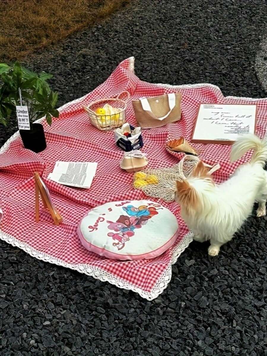 1 pieza Manta de picnic tejida a cuadros rosados, estilo granja americana con encaje, gruesa y de uso múltiple para campamento, playa, sofá, comidas al aire libre y relajación, decoración del hogar