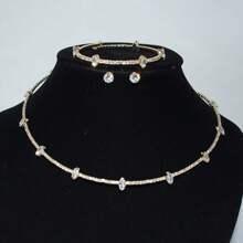4 Peças Conjunto de Colar, Pulseira e Brincos com Pérola Francesa de Fileira Única, Zircônia, Strass, Acessórios de Vestido de Noiva e Casamento, Colar Gargantilha