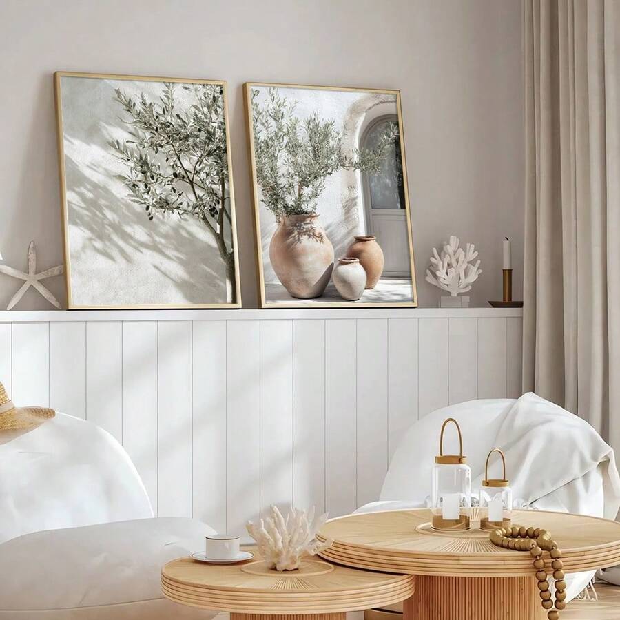 Set Of 2 Unframed Neutral Boho Cactus Olive Tree Wall Art Poster Canvas Print Minimalist Mediterranean Travel Painting For Apartment,Living Room,Bedroom,Modern Home Decoration - Multicolor - View 1