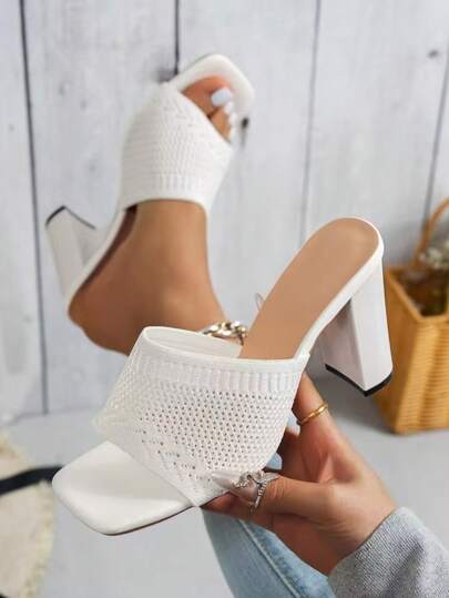 Women Hollow-Out White Chunky Heel Sandals, 9cm High Heel, Fashion Dress Shoes For Wedding Party, Suitable With Business Outfit, Dress, Jeans, Upgrade The Look, Essential For Ladies