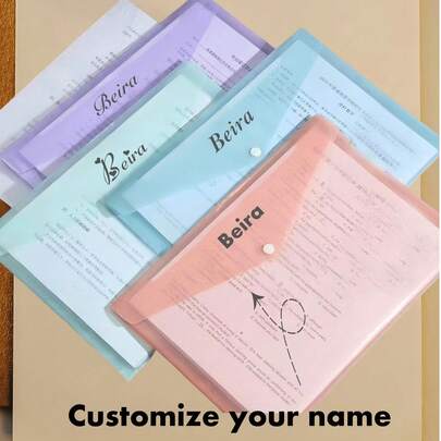 Custom Name 5/10pcs Morandini Color Button Seal Plastic File Folders, Fits A4 Size, Thickened, High Capacity For Files, Papers, Exams, Suitable For Office, Study, Daily Storage, Multifunctional For Students, Business, Home, Back To School,Back To School,School Supplies