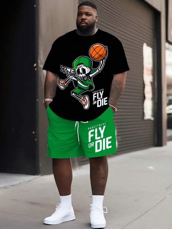 2pcs Plus Size Men's Basketball Graphic Print Short Sleeve T-Shirt And Drawstring Shorts Set, Cartoon Skull Basketball Pattern, Round Neck Tee With Shorts