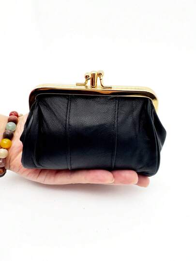 Damen Retro Schafsfell-Optik Kleine Geldbörse - goldfarbener Münzfach-Clip & Kartenhalter, Leder Mode Portemonnaie Vintage Doppelgeldtasche Elegant Kussschloss Geldbörsen Kleine Geldbörse Clutch Tasche - kompakt & stilvoll mit Kussschluss, Multi-Fach Telefon Geldbörse