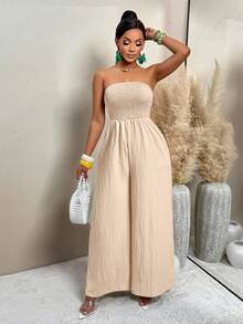 Women's Summer Sexy Vacation Retro Pattern Print Ruched Tube Wide-Leg Jumpsuits (Random Print) - 杏色 - 查看 2