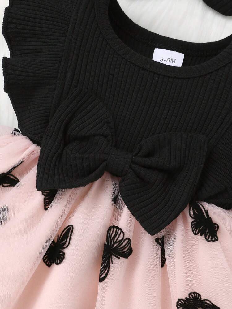 Set de 2 piezas, vestido elegante y dulce casual para niña bebé, suave y cómodo, con decoración de moño, volantes en el bajo, bordado floral y malla, vestido de princesa y diadema, ropa de niña bebé, conjunto para niña pequeña, adecuado para uso diario, vacaciones, fiestas, fotografía - Rosa - Añade 4
