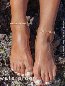 2Pcs/Set 14K Gold Plated Anklets For Women CZ Ankle Bracelet  Waterproof Dainty Layered Tennis Heart Dot Chain Anklet  Foot Jewelry - Flower&Tennis Anklet - 查看 4