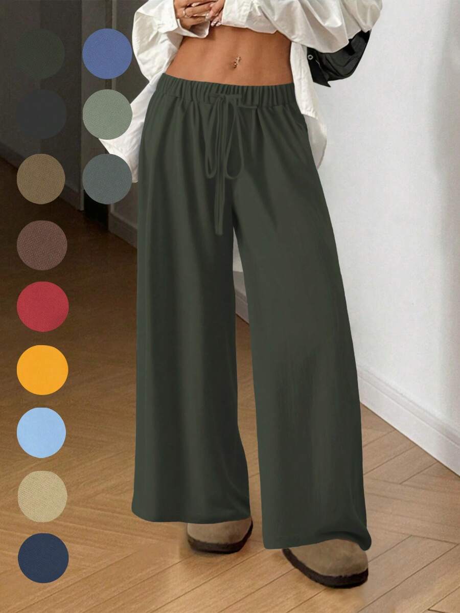 Celana Panjang Model Lebar dengan Detail Drape Warna-warni: Kain Tenun Ringan + Pinggang Elastis dengan Tali Serut, Serbaguna untuk Dipadukan dengan Atasan Apa Pun, Cocok untuk Perjalanan/Belanja/Celana Kasual Wanita, Cocok untuk Kencan, Pakaian Pelajar, dan Aktivitas Sehari-hari. Gaya Serbaguna yang Dapat Dipadukan dengan Apa Saja. - Dark Green - View 1
