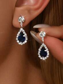 Classic Navy Blue Teardrop Cubic Zirconia Drop Earrings, Elegant Party/Formal Dress Jewelry Accessories For Women - Royal Blue - View 1