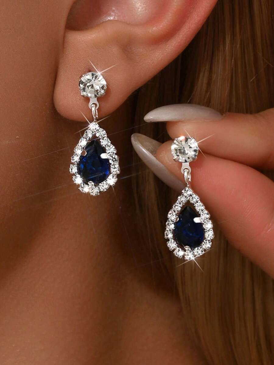 Classic Navy Blue Teardrop Cubic Zirconia Drop Earrings, Elegant Party/Formal Dress Jewelry Accessories For Women - Royal Blue - View 1