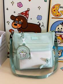 1 pieza Bolso de hombro con combinación de colores para niñas, versátil y de moda, bolso escolar informal con cierre de cremallera, adecuado para uso diario y en el campus