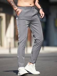 Men's Solid Color Pocket Casual Tapered Pants, For Commuting Daily - Light Grey - View 4