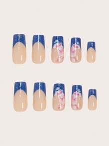 24 Peças Kit de Unhas Postiças Francesas de Formato Quadrado Médio Floral Delicado Azul e Brilhos Cintilantes, Encaixe Perfeito, Kit Completo de Unhas Falsas Inclui 1 Peça folha de Adesivos e 1 Peça Lixa Pequena para Uso Diário, Escritório, Festa em Casa, Acessórios de Joia Falsa para Mulheres, Dicas de Unhas Falsas, 1 Peça Tira de Lixa, Envio Aleatório de Geleias Gel