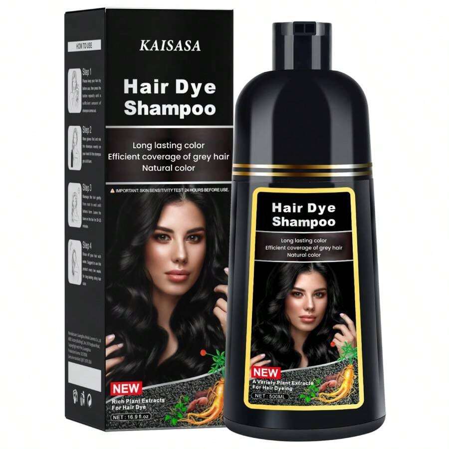 Champú tinte de cabello negro 3 en 1, unisex, cubre canas, con ingredientes herbales, 500ml (Negro) - Negro - Ver 1