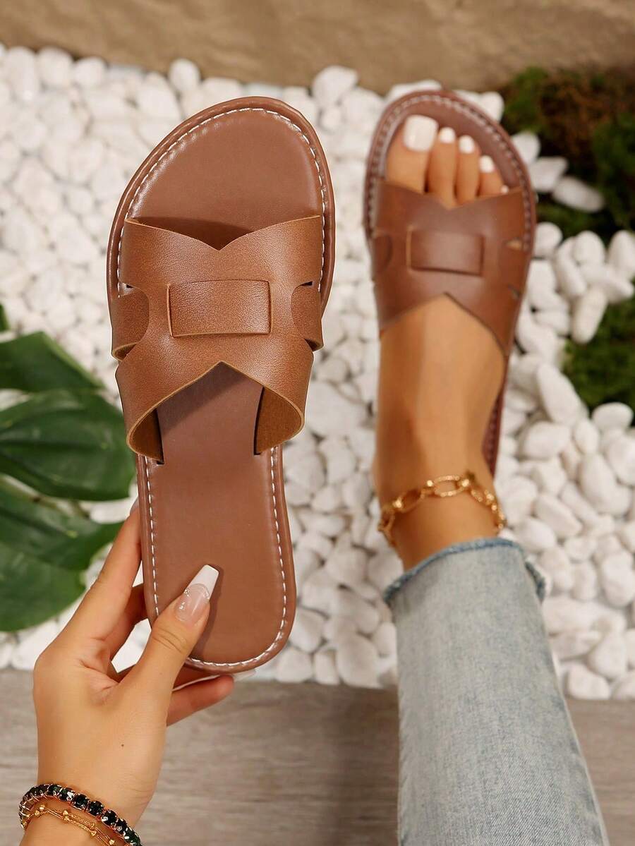 Nuevas sandalias de mujer talla grande cómodas y sencillas de punta redonda con diseño calado y planas, deslizantes, de moda casual de punta abierta para playa/vacaciones, verano - Marrón - Ver 1
