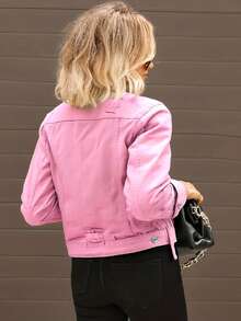 Classic Denim Jacket – Razor Cut-Outs & Vintage Wash | Edgy Button-Up Style - Dusty Pink - View 2