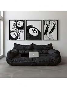 墙壁艺术 3 件套黑白艺术幸运女孩装饰，八球印刷幸运的你墙壁艺术印刷复古海报时髦装饰帆布画海报和印刷品墙壁艺术图片用于客厅装饰可选框架 - 3pcs/set - 查看 1