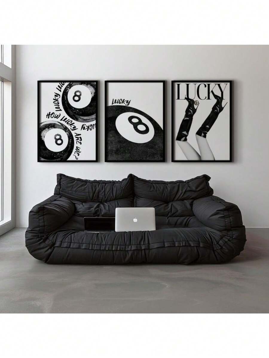 墙壁艺术 3 件套黑白艺术幸运女孩装饰，八球印刷幸运的你墙壁艺术印刷复古海报时髦装饰帆布画海报和印刷品墙壁艺术图片用于客厅装饰可选框架 - 3pcs/set - 查看 1