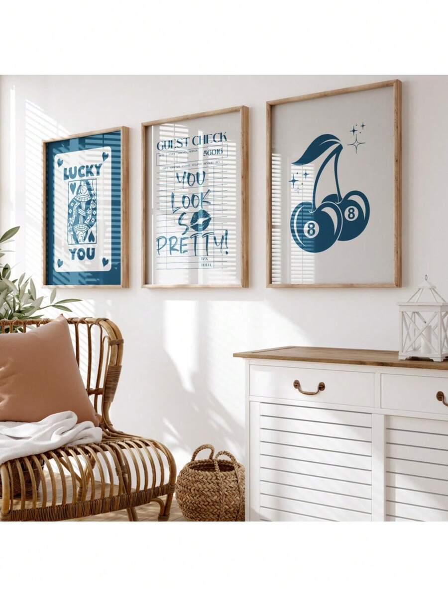 蓝色复古墙面艺术 3 件套 客人格纹印花 幸运的你 墙面艺术 床头装饰艺术 美学印刷 复古帆布画 海报和印刷品 墙面艺术画 客厅装饰可选框架