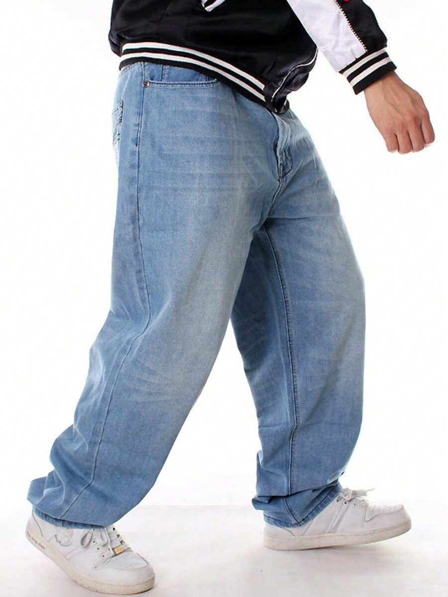 Men's Casual Jeans And Pants, Men's Solid Color Basic Loose And Oversized Street Dance Clothing, Skateboarding Hip-Hop Straight Leg Jeans, Suitable For All Seasons - 淺色水洗藍 - 查看 1