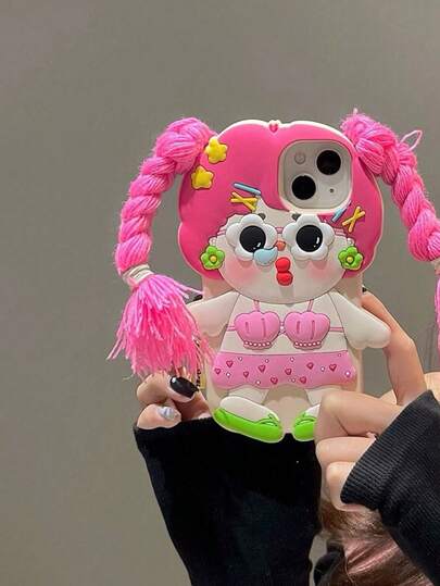 卡通搞笑鼻涕虫女孩马尾辫 DIY 手机壳，兼容 17/16/15 Pro Max，个性化可爱保护套，兼容 14 新款、13、12、11、15 PM，硅胶防摔