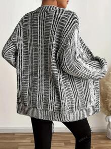 Mature & Elegant European Style Fashion Colorblock Loose Fit Plus Size Women Cardigan, Versatile Long Sleeve Knit Sweater